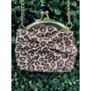 Gymboree Girls Leopard Print Glitter Bow‎ Coin Purse Pink Gold Chain Strap